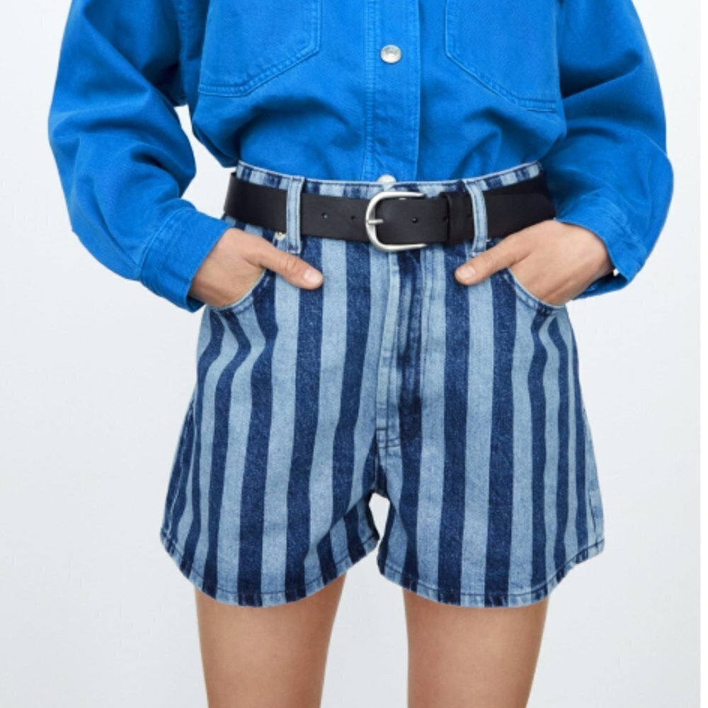Zara Women's Striped Denim Jean Shorts High Rise Hi-Waist Blue Modern Chic NWT 6